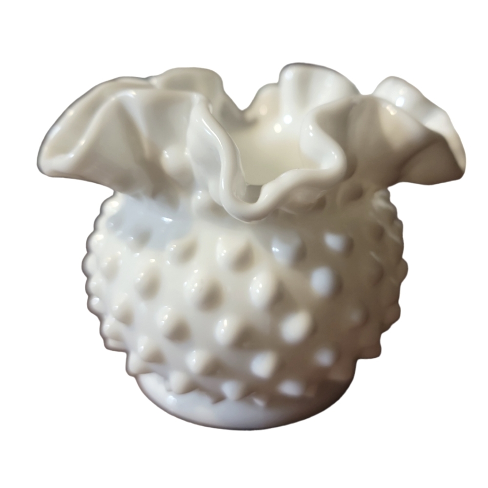 Vtg Fenton Milk Glass Hobnail Ruffled Edge Double Crimped Vase